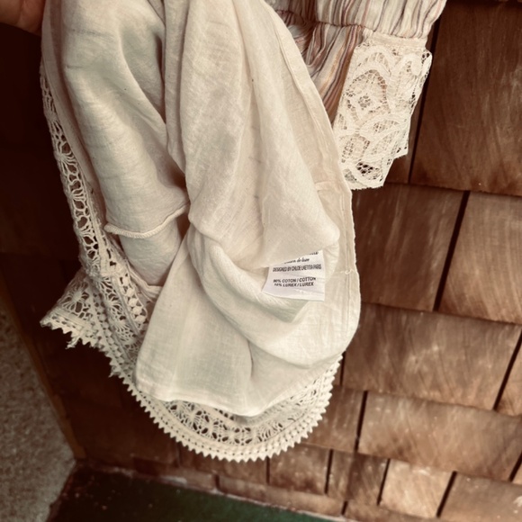 Chloe Laetitia Paris L Peasant Striped Gauze Romper Lace  Crochet Off Shoulder - Picture 10 of 16